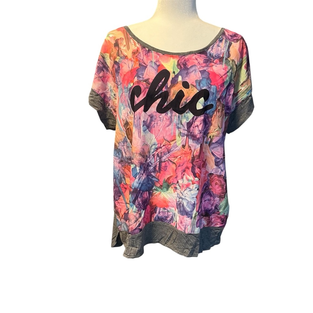 Apt. 9 Shirt Womens XL Gray Pink Floral Short Sleeve Relaxed Modern Top